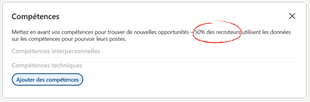 Capture d'écran qui montre l'espace compétences de LinkedIn