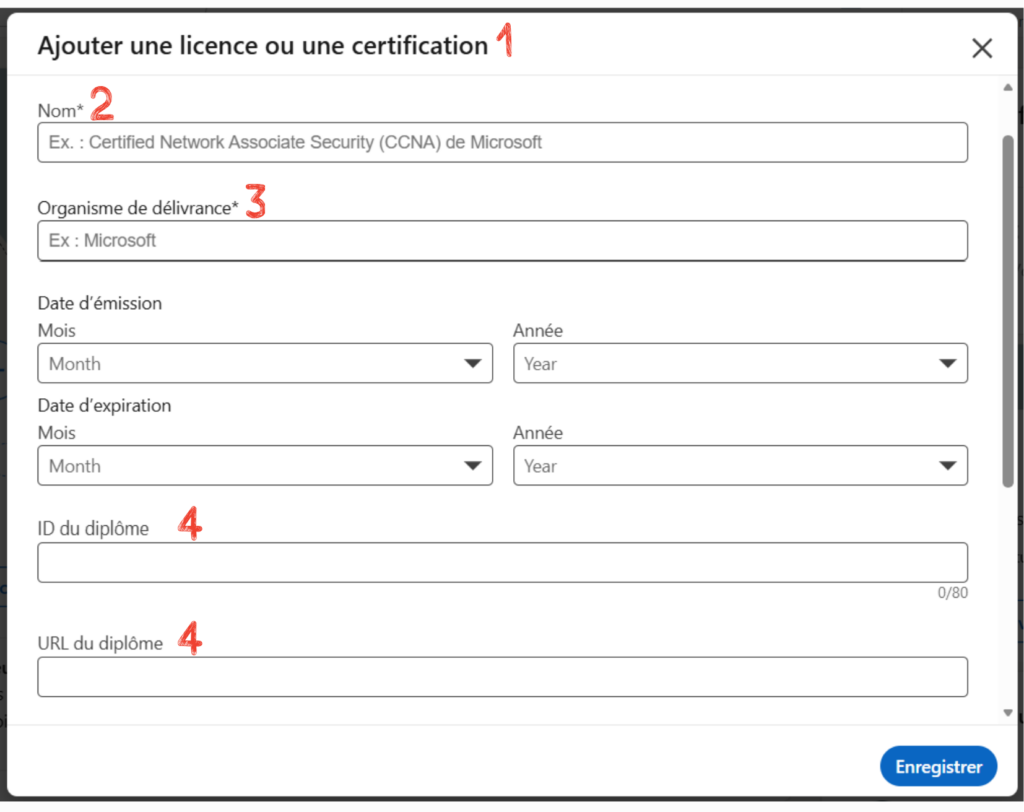 Capture d'écran qui montre où saisir les informations